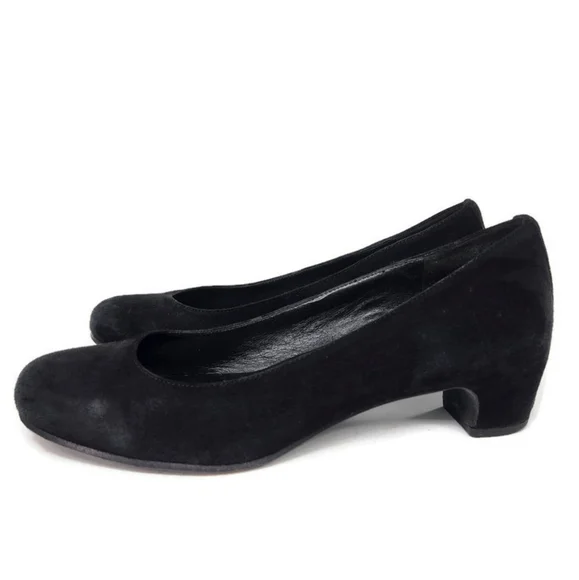 Eileen Fisher Neat Black Suede Round-Toe Low Block Heel Slip-On Pumps - Picture 2 of 14